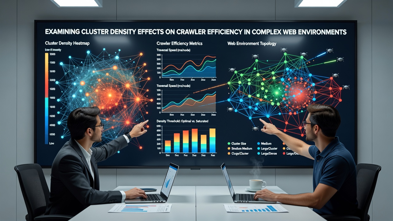 Visualization of crawler efficiency metrics across varying cluster densities in a complex website structure