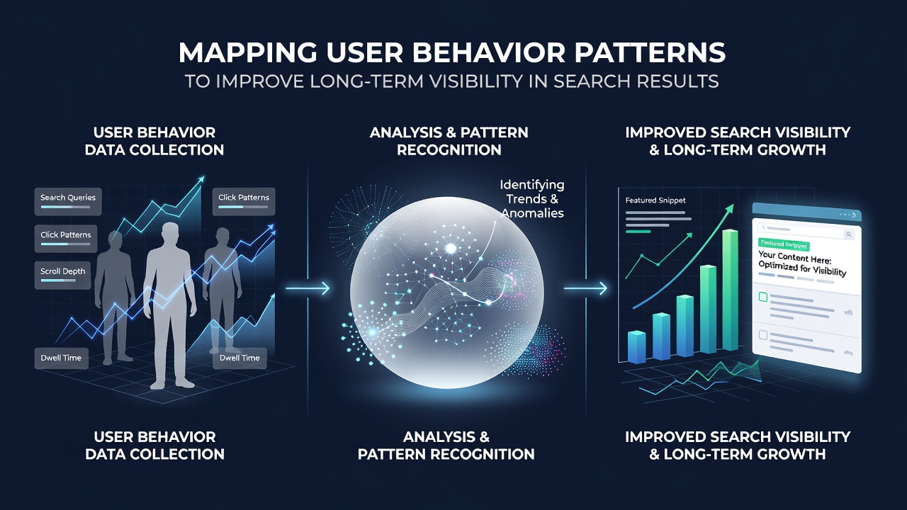 Screenshot of analytics dashboard displaying user flow patterns and engagement heatmaps tied to search ranking trends